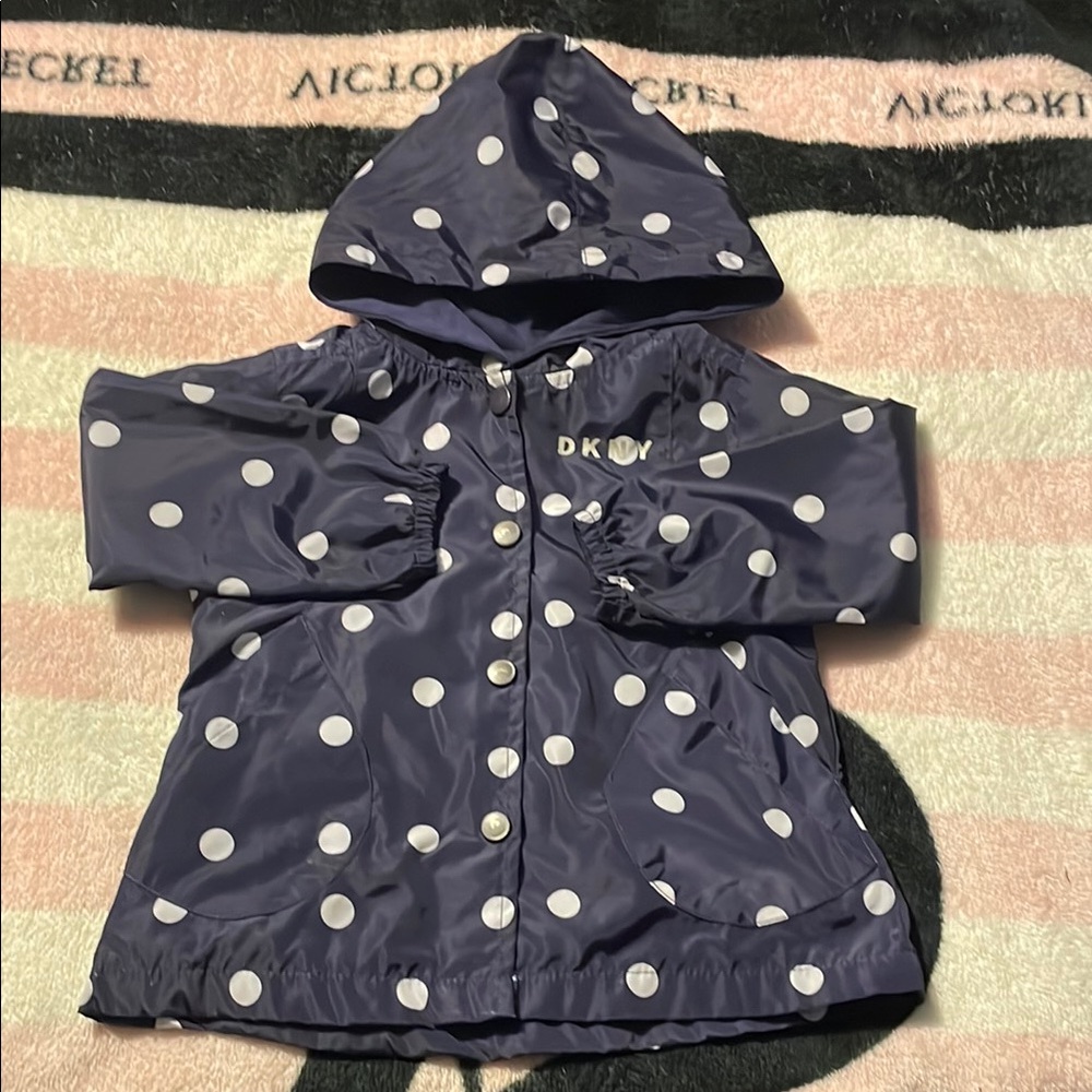 DKNY Girls Polka Dot Raincoat - Navy and White Size 12 months